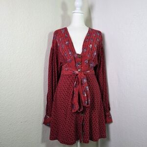 Free People Wonderland Mini Red Floral Dress  Long Sleeve Boho Tie Waist Size S
